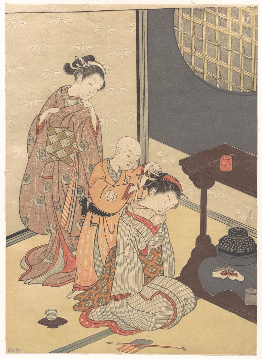 Natregn ved standen med dobbelthylde, fra serien Otte stueinteriører (Zashiki hakkei) af Suzuki Harunobu