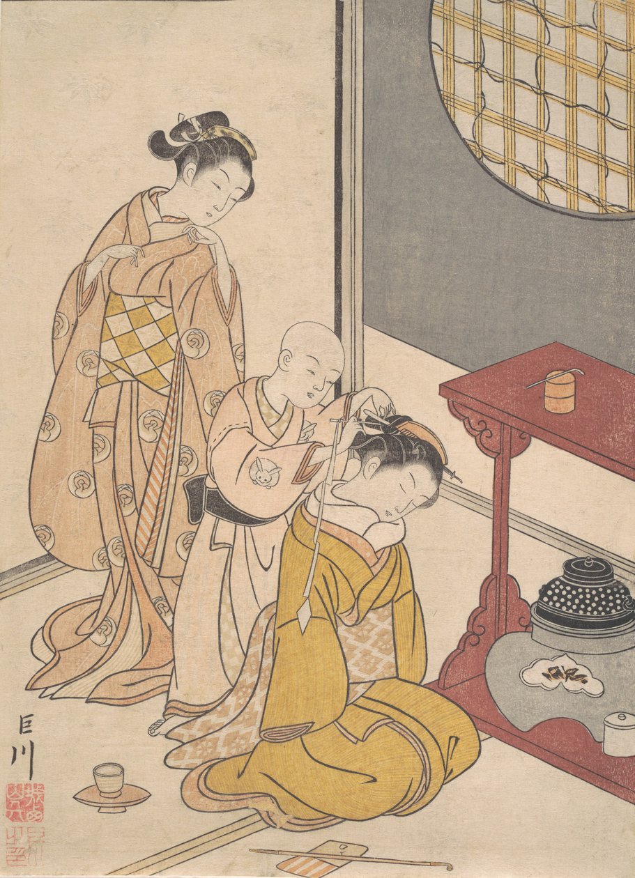 Night Rain at the Double-Shelf Stand, fra serien Eight Parlour Views Zashiki hakk..., ca. 1766. af Suzuki Harunobu