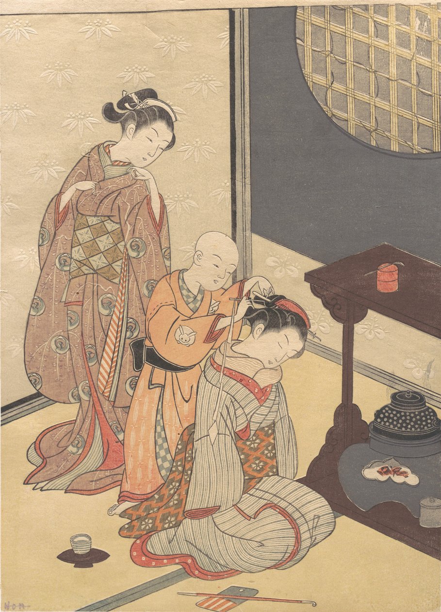 Night Rain at the Double-Shelf Stand, fra serien Eight Parlour Views ..., ca. slutningen af 1700-tallet. af Suzuki Harunobu