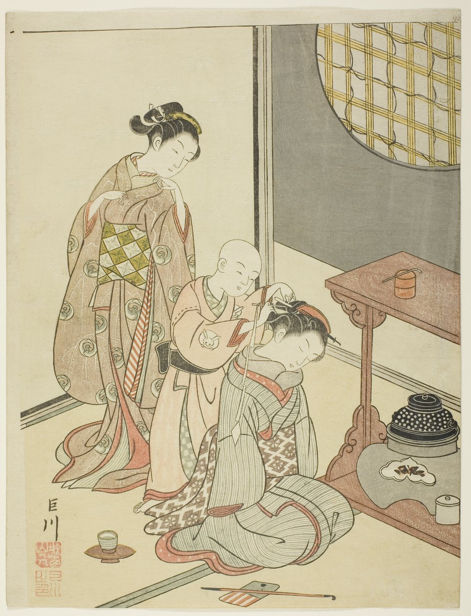 Night Rain of the Tea Stand (Daisu no yau), fra serien "Eight Views of the Parlour (Zashiki hakkei)" af Suzuki Harunobu