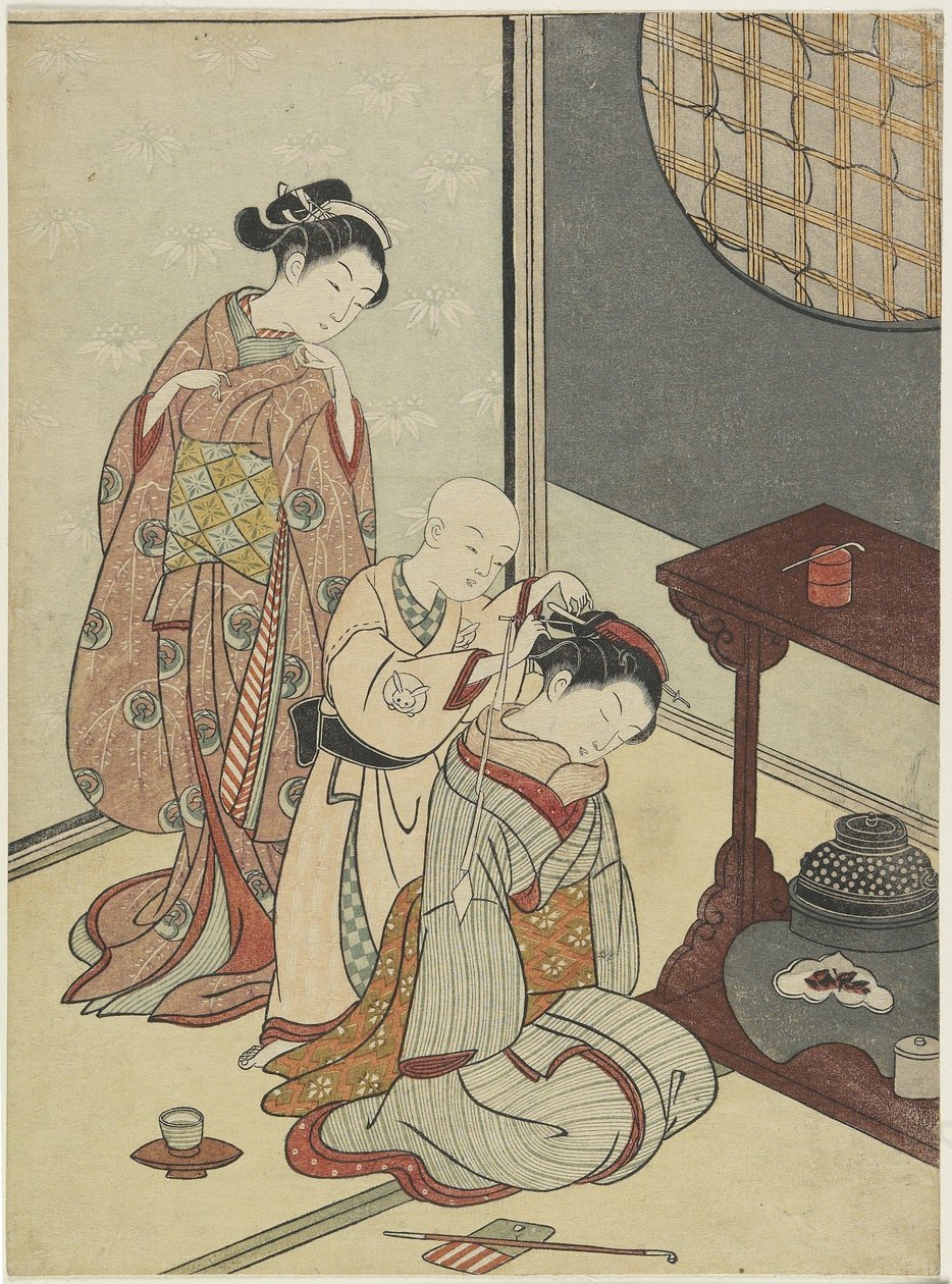 Natteregn på teboden, efter 1766 (træbloktryk i farver) af Suzuki Harunobu