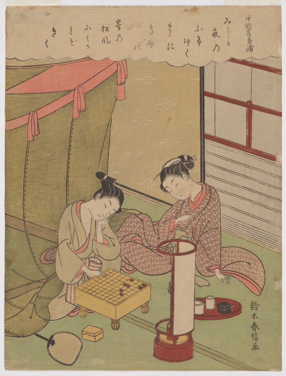 Oiran og en ung mand, der spiller shogi en sommeraften i Yoshiwara af Suzuki Harunobu