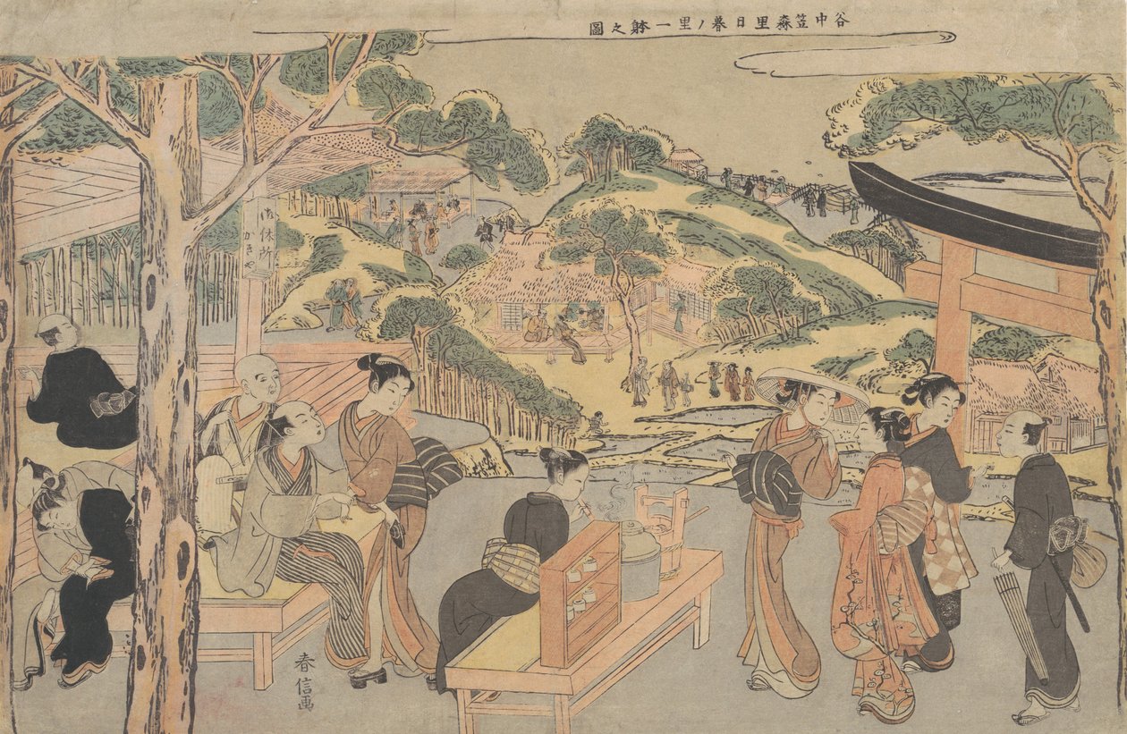 Udsigt over Kagiya Teahouse ved Kasamori-helligdommen i Yanaka, ca. 1768., ca. 1768 af Suzuki Harunobu