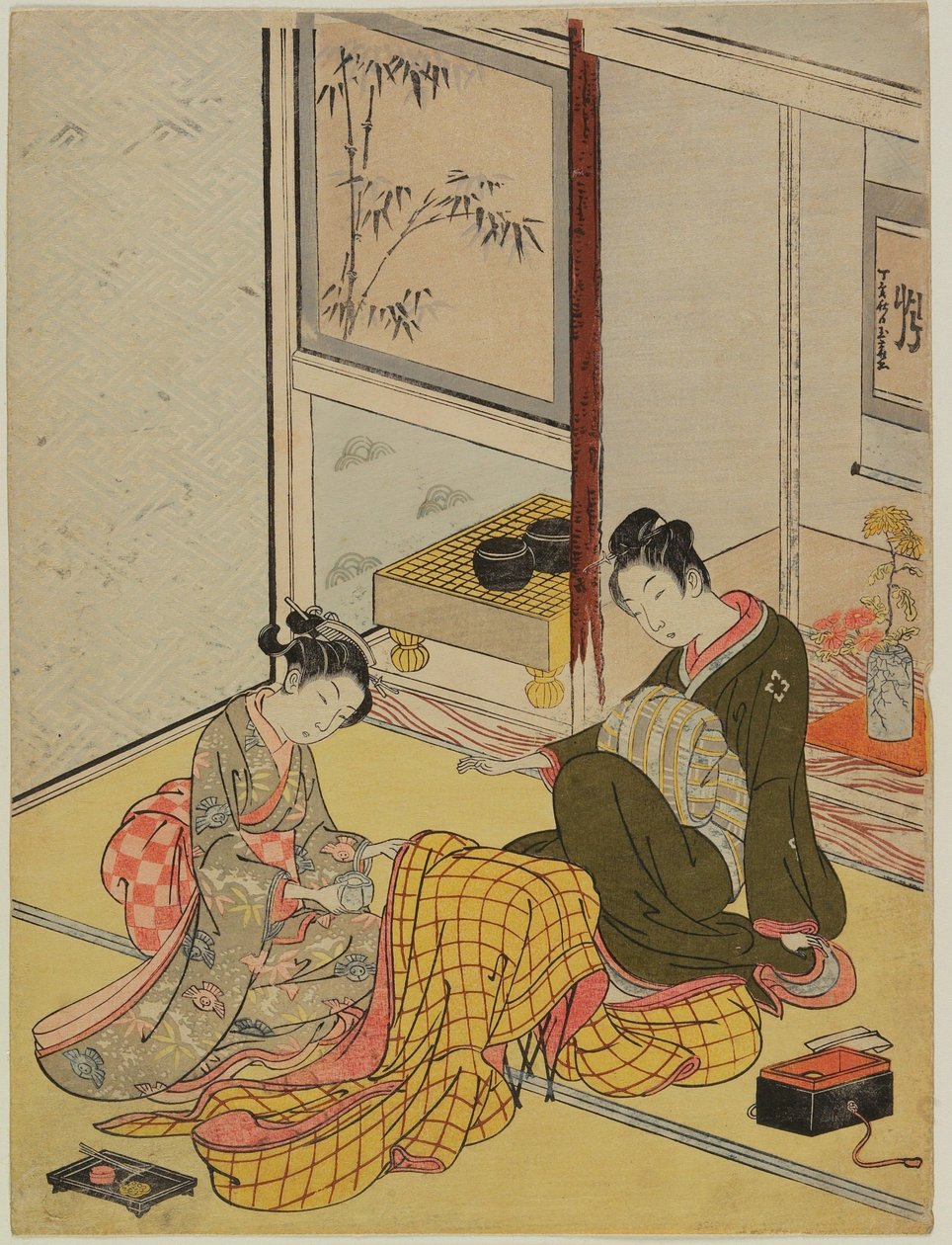 Parfumering af en dragt som visuel parodi på de fire kunstarter af Suzuki Harunobu
