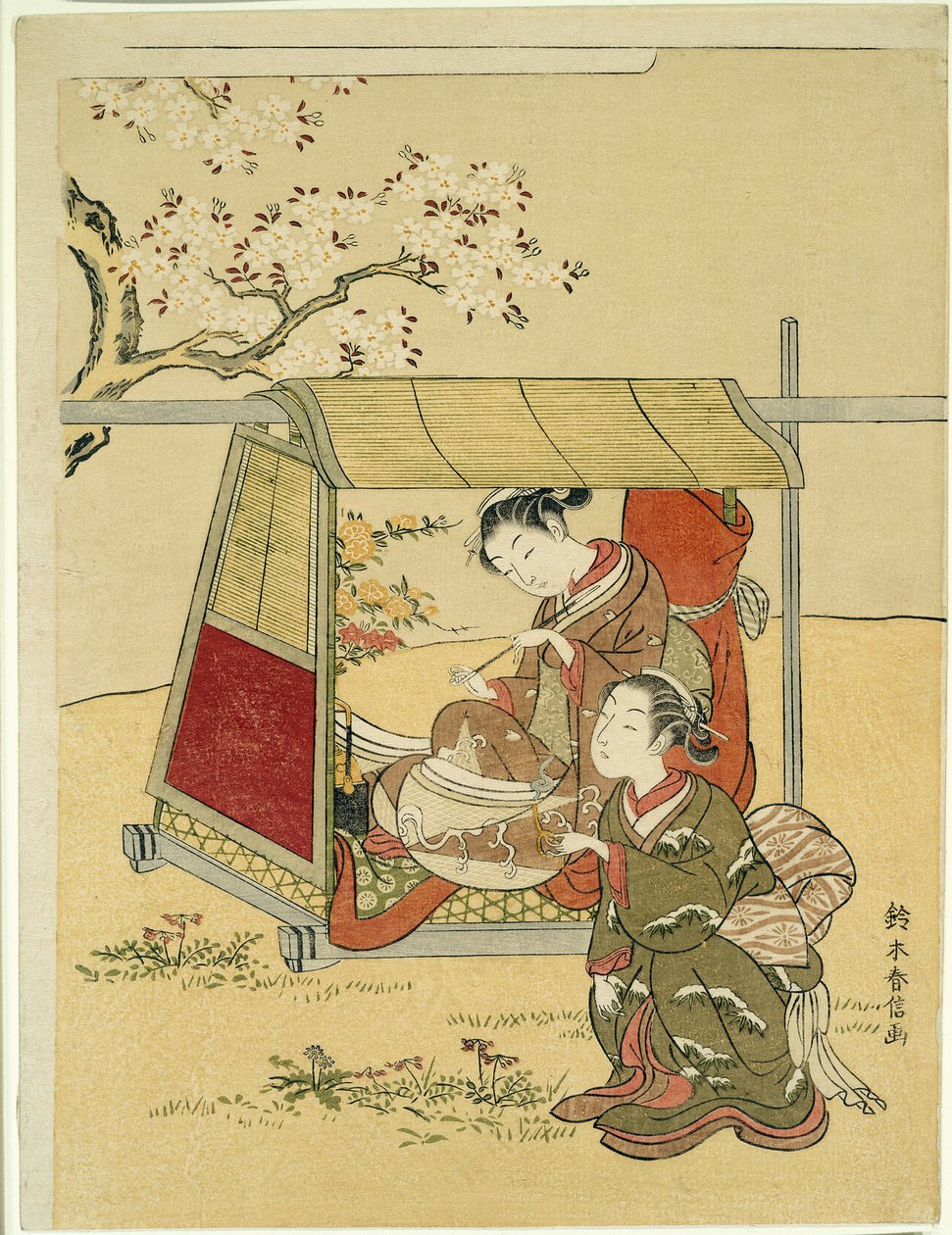 Hviler i en Palanquin under Cherry Blossoms af Suzuki Harunobu