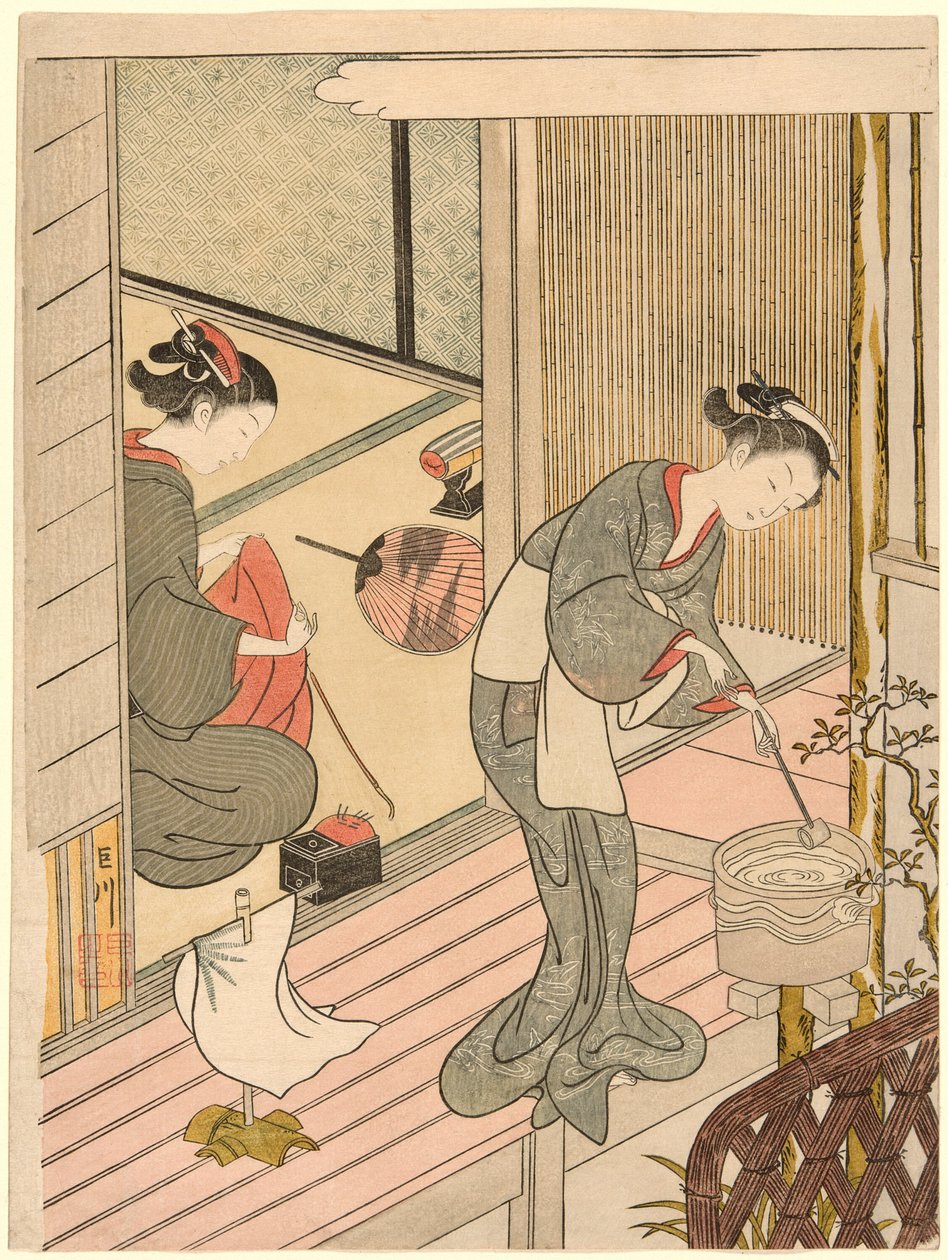 Returning Sails of the Towel Rack (Tenugui-kake no kihan), fra serien "Eight Views of the Parlour (Zashiki hakkei)" af Suzuki Harunobu