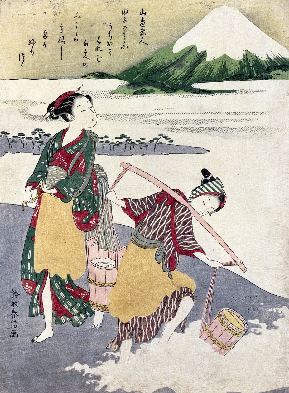 Saltpiger på Tago-no-ura-stranden med Fuji-bjerget bagved (farve-træsnit) af Suzuki Harunobu