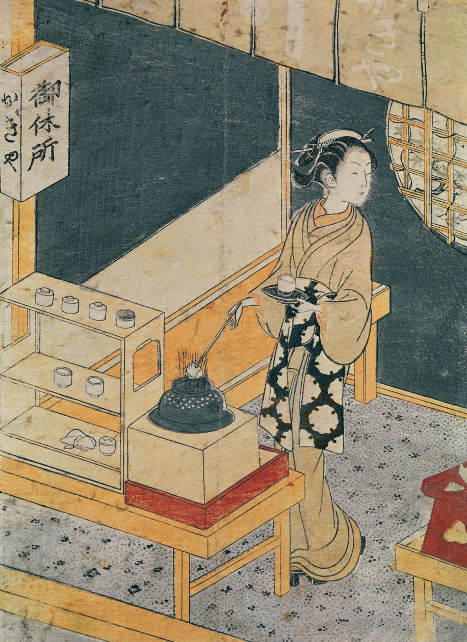 Tjenestepige laver te (træsnit i farver) af Suzuki Harunobu