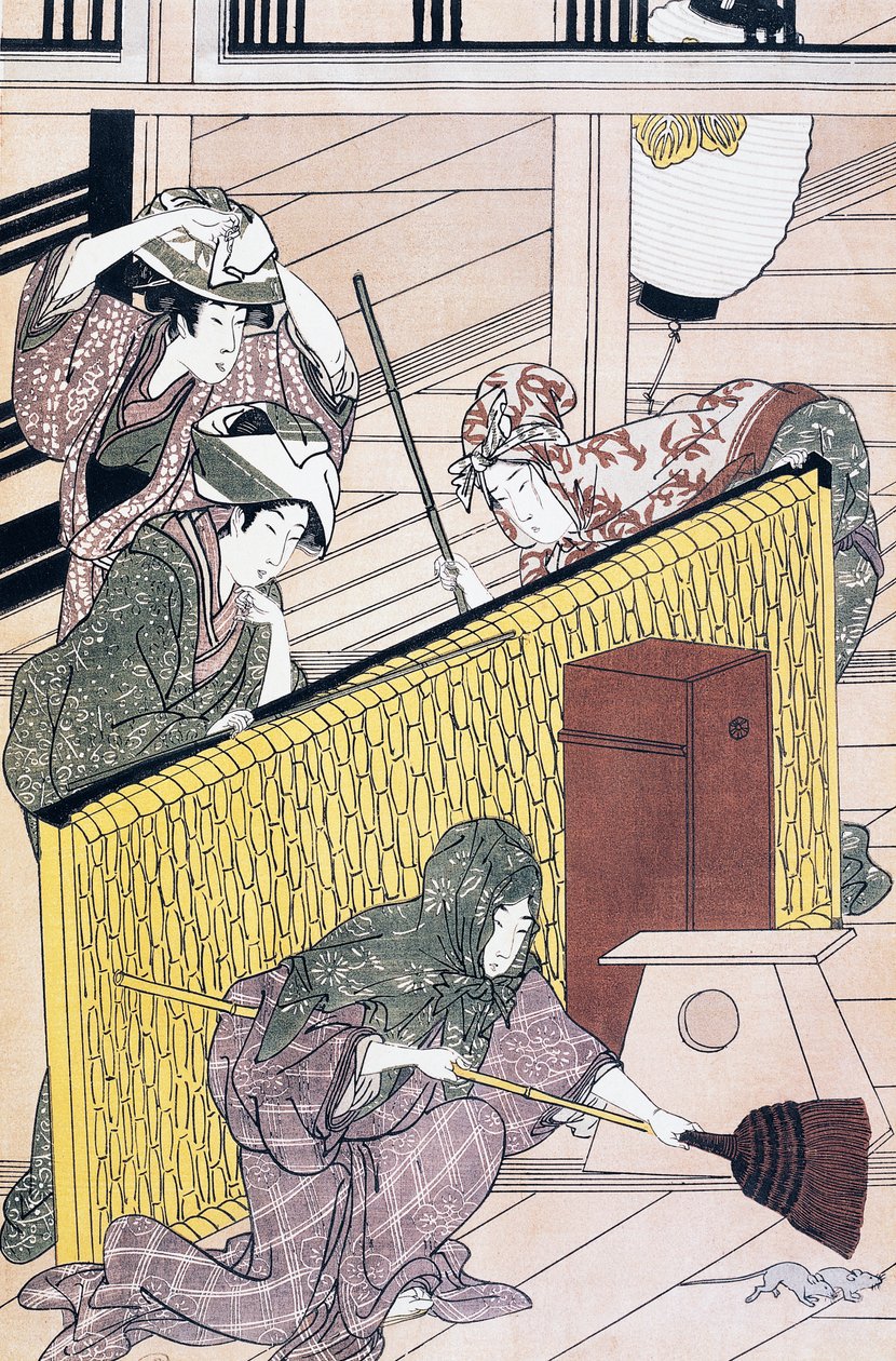Tjener jagter mus i huset, ukiyo-e kunsttryk af Suzuki Harunobu (1725-1770), træsnit, japansk civilisation, Edo-periode af Suzuki Harunobu