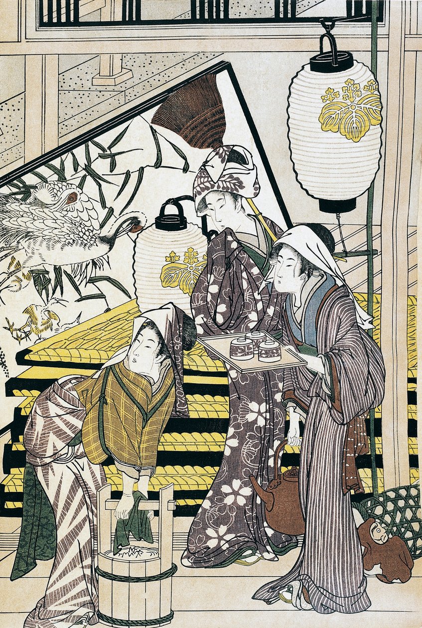 Tjenere, der arbejder i hjemmet, ukiyo-e kunsttryk af Suzuki Harunobu (1725-1770), træsnit, japansk civilisation, Edo-periode af Suzuki Harunobu