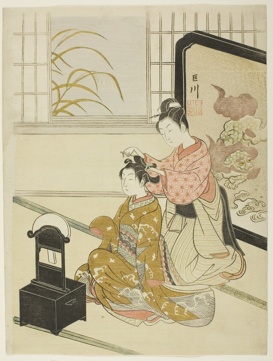 Efterårsmånen i spejlet (Kyodai no shugetsu), fra serien "Eight Views of the Parlour (Zashiki hakkei)" af Suzuki Harunobu