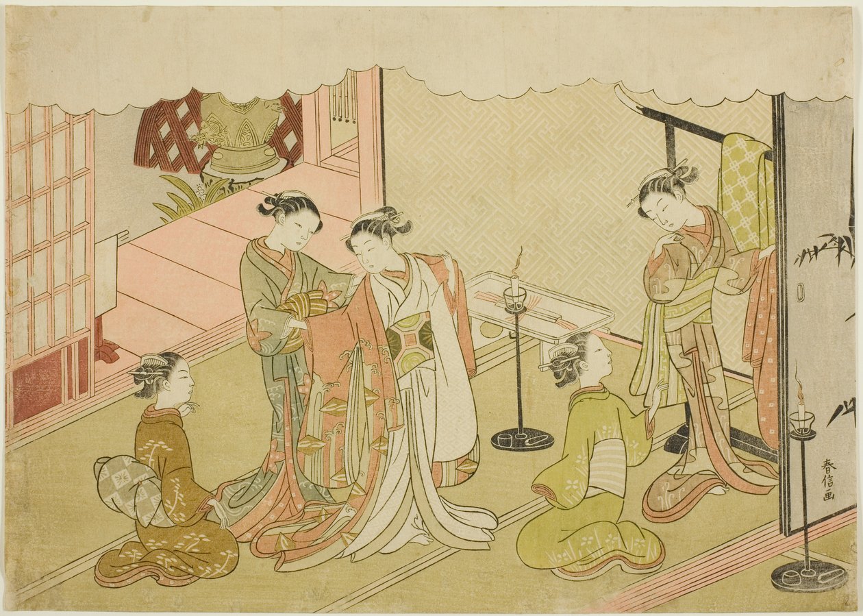 The Bride Changing Clothes (Iro-naoshi), det femte ark i serien "Marriage in Brocade Prints, the Carriage of the Virtuous Woman (Konrei nishiki misao-guruma)" af Suzuki Harunobu