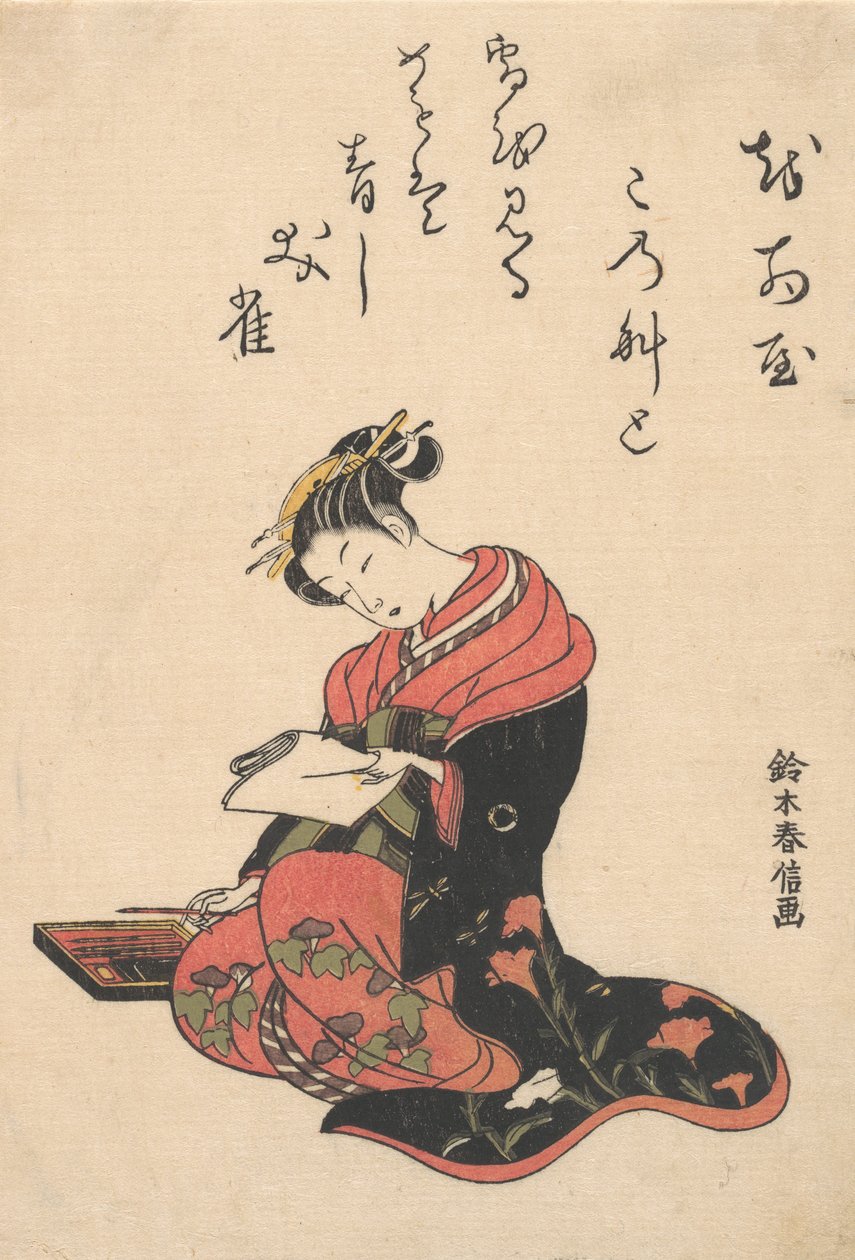 Kurtisanen Kasugano skriver et brev, ca. 1765., ca. 1765. af Suzuki Harunobu