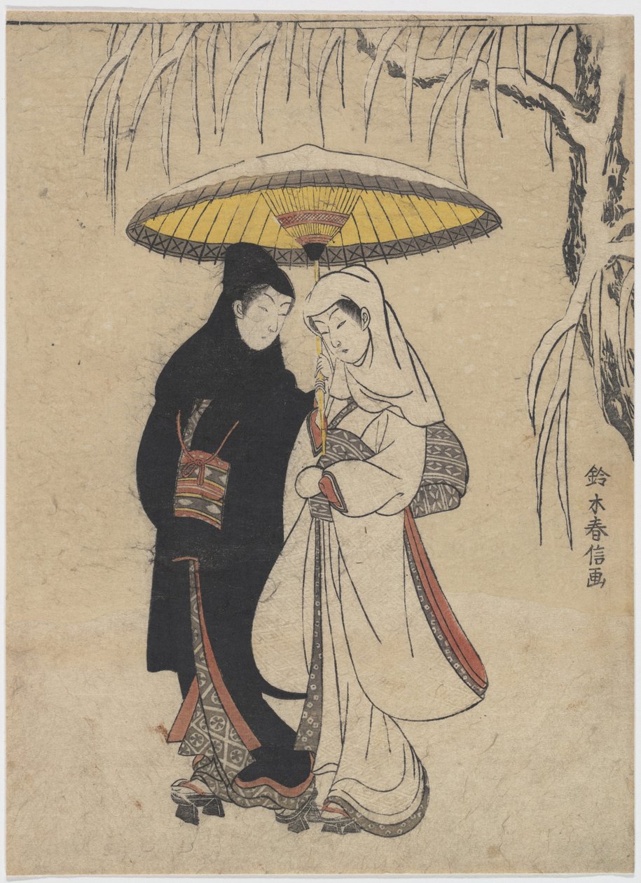 The Oriental Arts : Young Lovers Walking Together under an Paraply in a Snow Storm af Harunobu, Suzuki (1724-1770), ca. 1769. Farvetræsnit, 25,7x19,1. Privat samling af Suzuki Harunobu