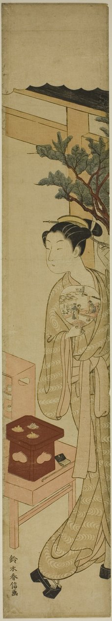 Servitrice Osen fra Kagiya Teahouse holder en ventilator af Suzuki Harunobu