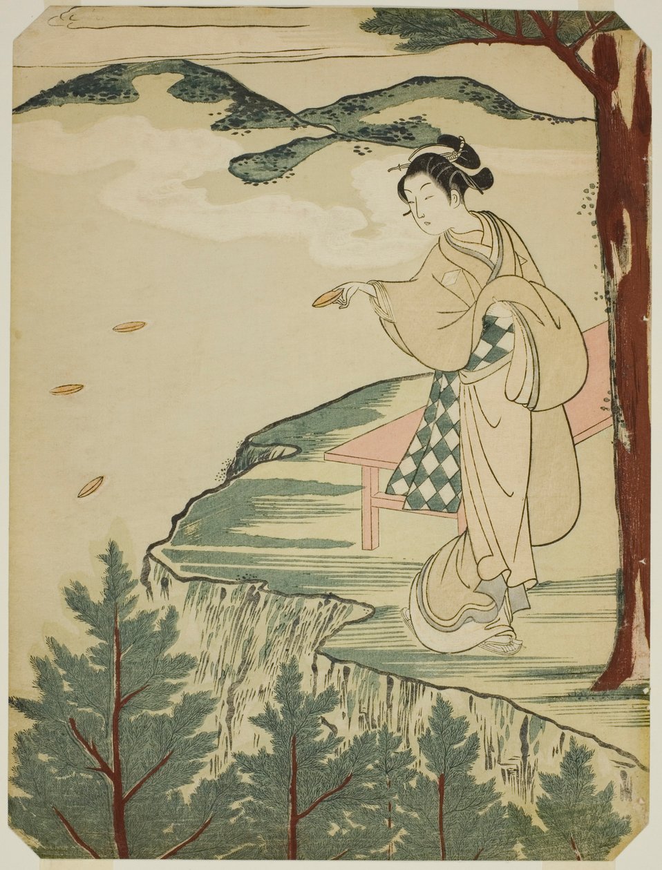 At kaste tallerkener over en klippe af Suzuki Harunobu