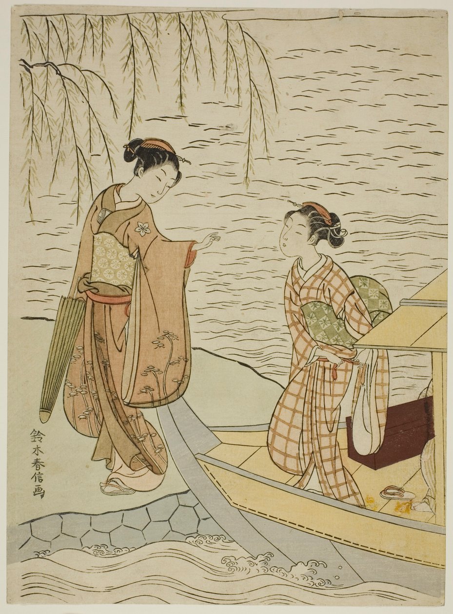 To piger forlader en båd af Suzuki Harunobu