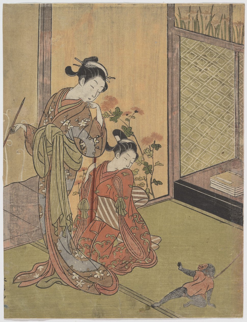 To piger ser på en abe i snor af Suzuki Harunobu
