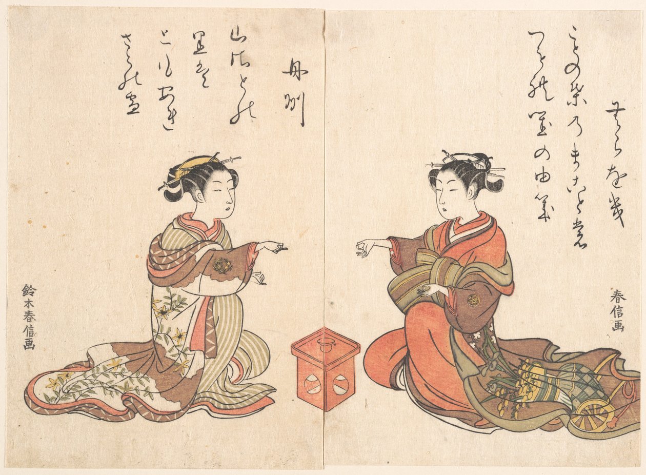 To piger spiller fingerspillet Kitsume Ken af Suzuki Harunobu