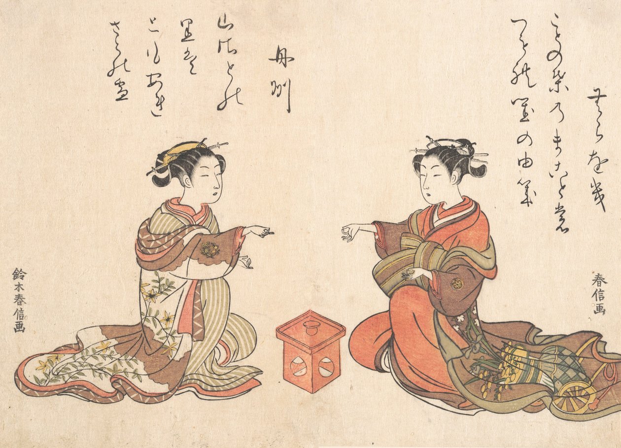 To piger spiller Finger Game of Kitsume Ken, 1725-1770., 1725-1770. af Suzuki Harunobu