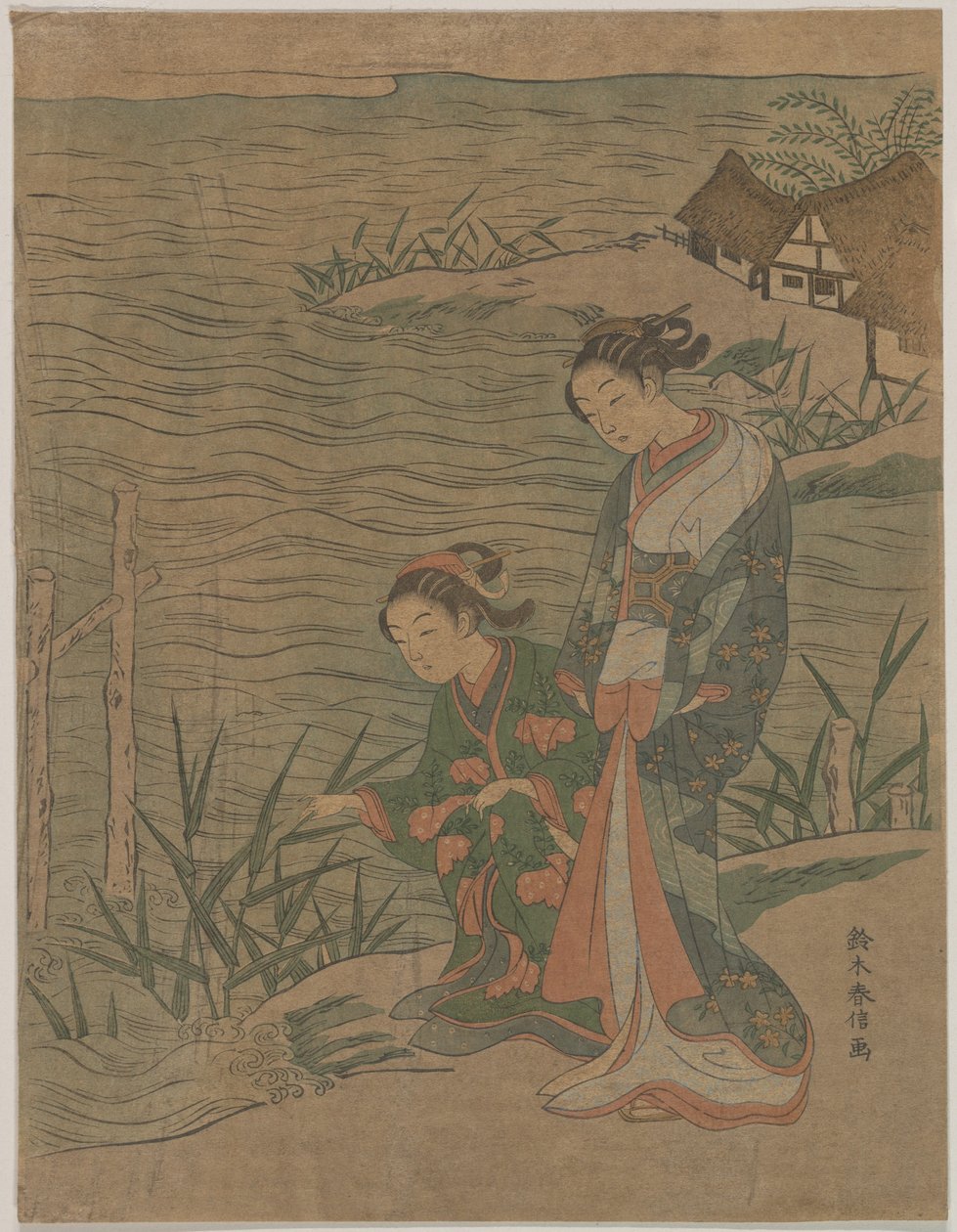 To unge damer ved stranden af Suzuki Harunobu