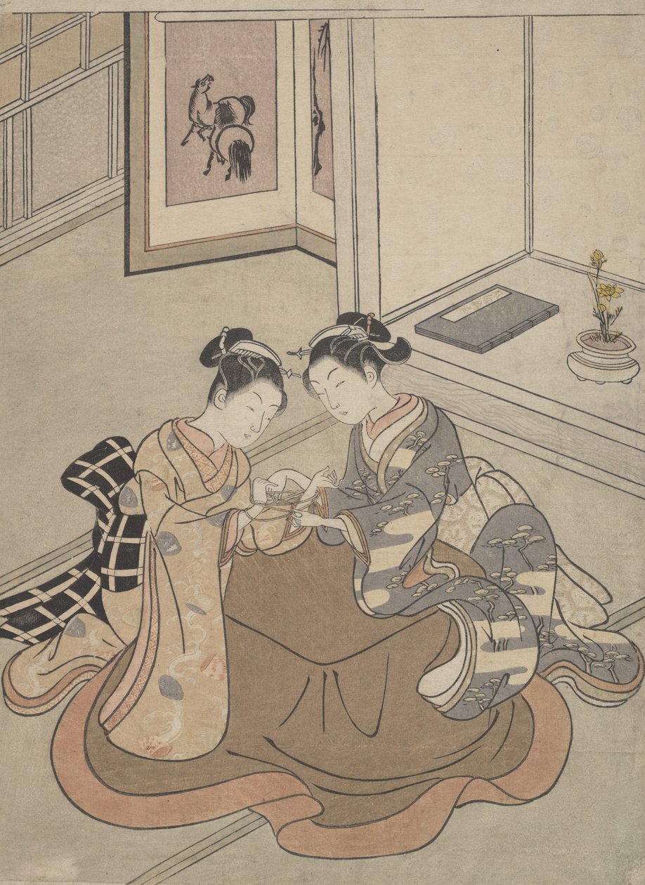 To unge kvinder siddende ved en Kotatsu-spillende kattevugge, ca. 1765., ca. 1765. af Suzuki Harunobu