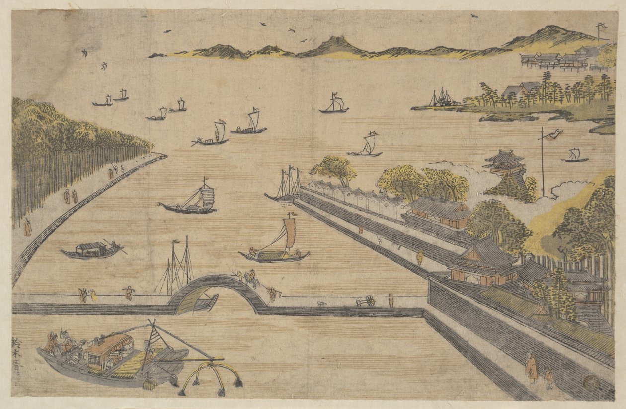 Udsigt over Fukagawa, Edo af Suzuki Harunobu