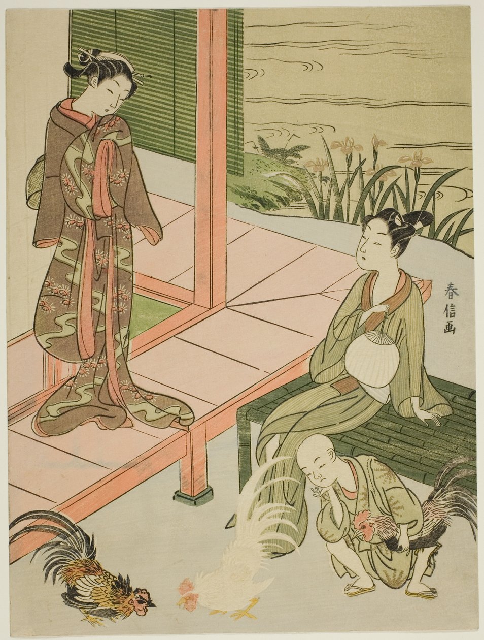 Ser en hanekamp på kanten af verandaen af Suzuki Harunobu