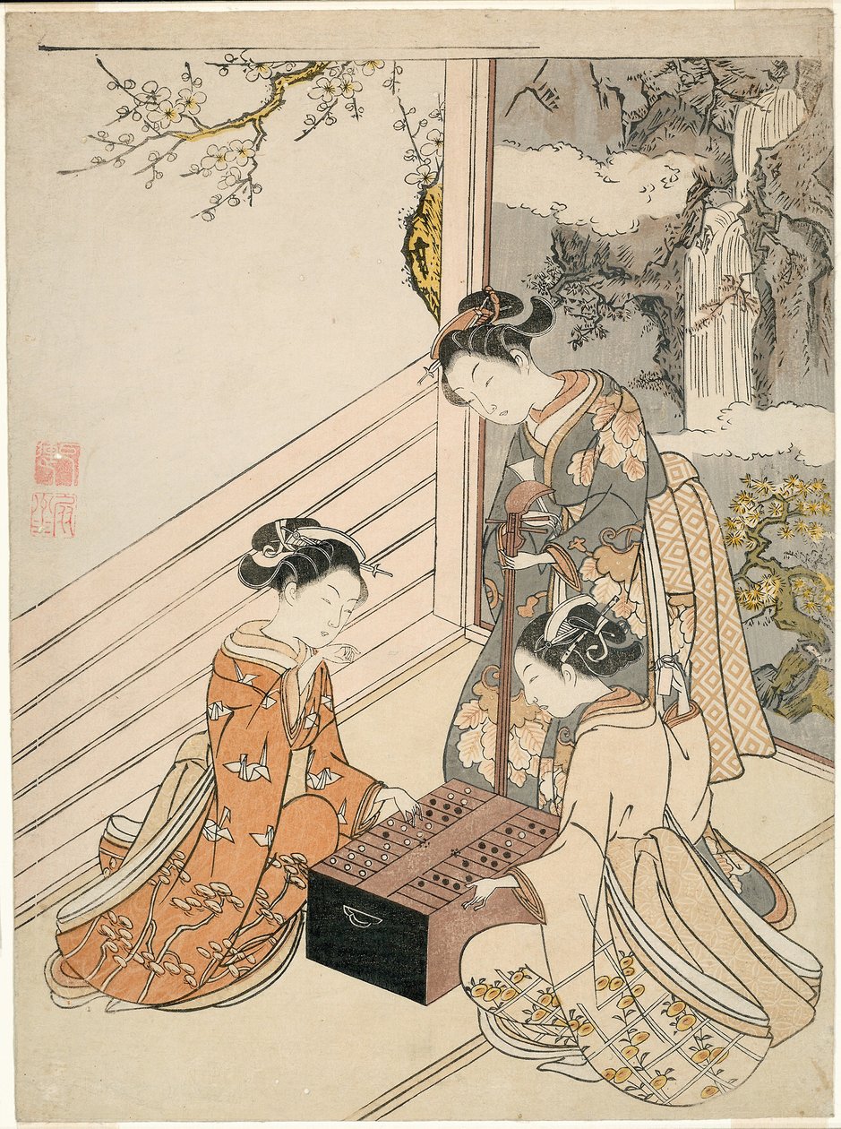 Watching the Game, ca. 1766 (farvetræsnit; chuban, surimono) af Suzuki Harunobu