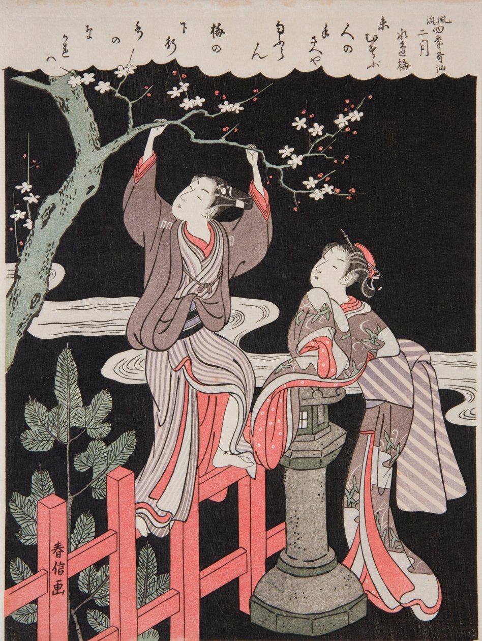 Forår (februar). En ung mand brækker en gren af et blomstrende blommetræ til sin elskede, fra serien: Forfinede digte om de fire årstider / Fūryū shiki kasen af Suzuki Harunobu