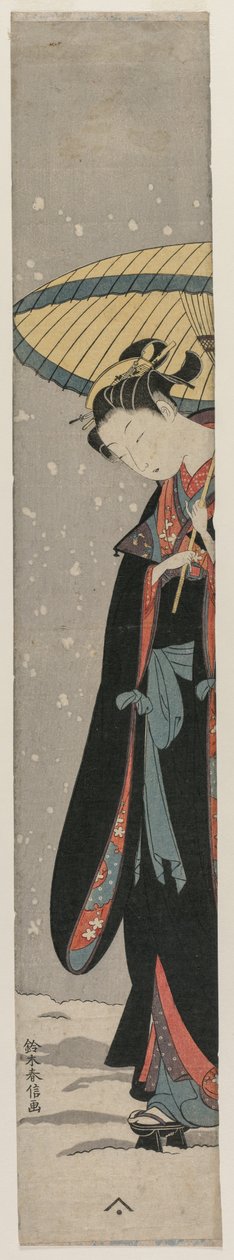 Kvinde Bihin med parasol i sne Fra serien Mu Tamagawa. af Suzuki Harunobu