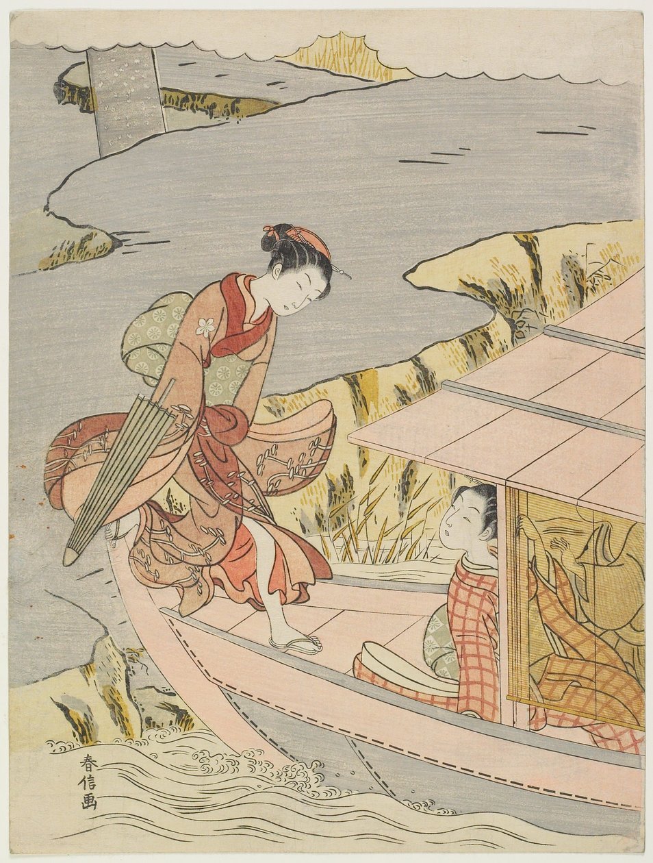 Kvinde, der går om bord i en båd af Suzuki Harunobu