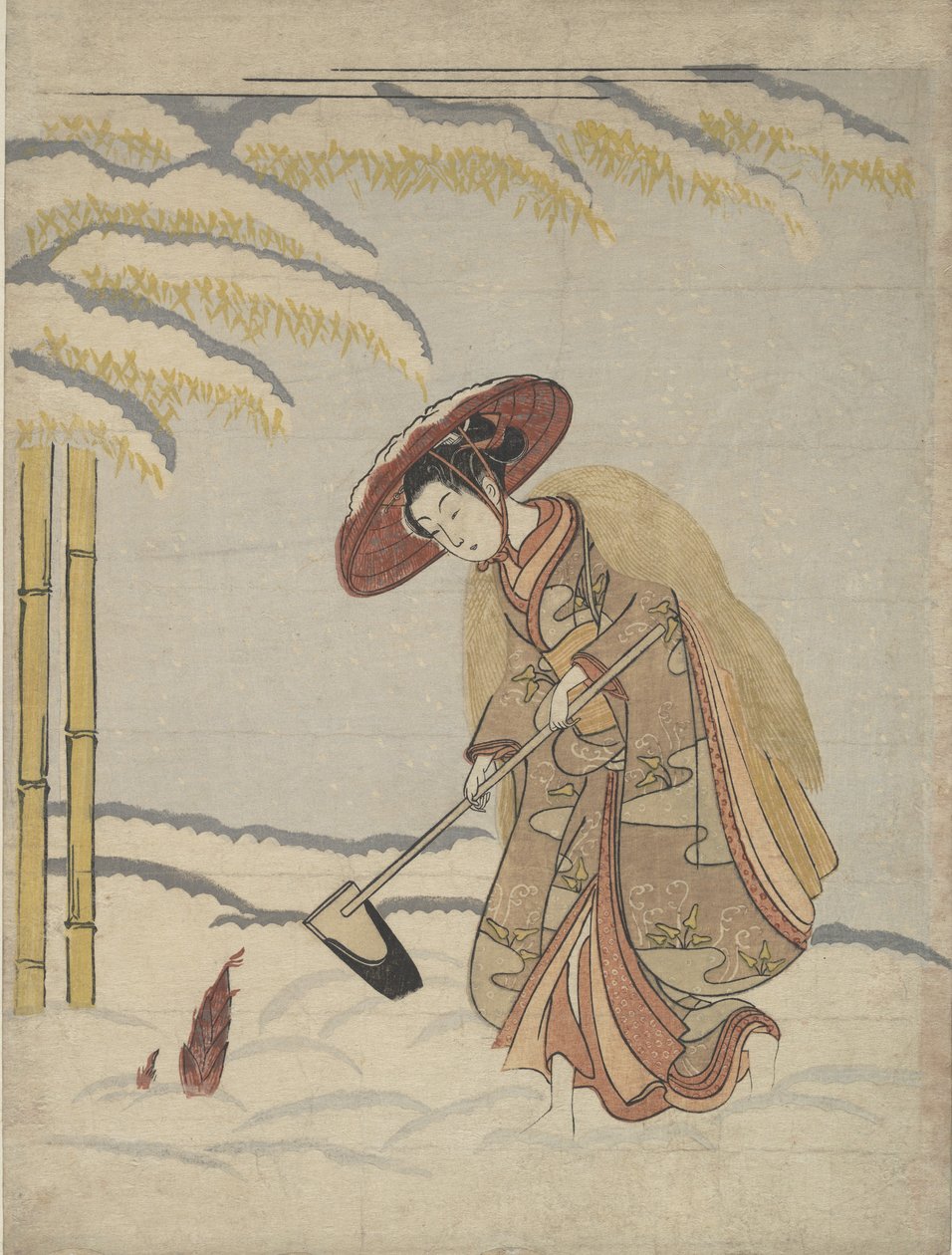 Woman Digging Bamboo Shoots in the Snow, eller parodi på Meng Zong Moso, fra Twenty-Fo..., ca. 1765. af Suzuki Harunobu