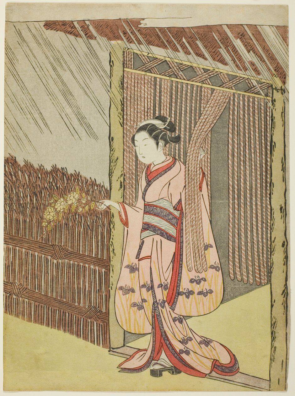 Kvinde holder en gren af Kerria-blomster i regnen (parodi på Ota Dokan) af Suzuki Harunobu