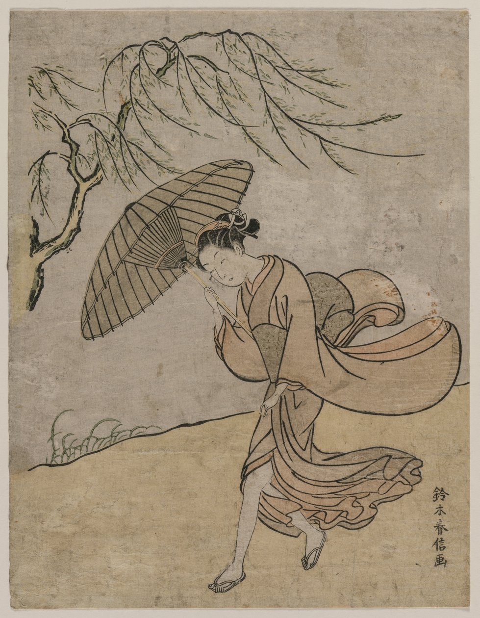 Kvinde løber forbi et piletræ i en brise, 1766 eller 1767. af Suzuki Harunobu
