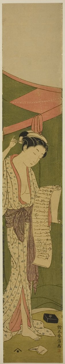 Kvinde, der står ved siden af et myggenet og læser et brev af Suzuki Harunobu
