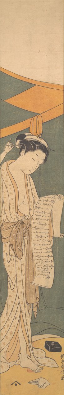 Kvinde i natkåbe læser et brev, 1764-72., 1764-72. af Suzuki Harunobu