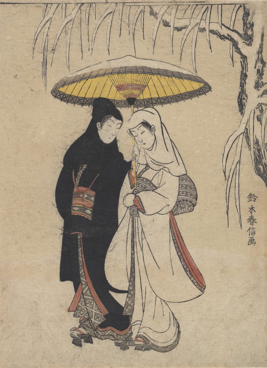 Unge elskere, der går sammen under en paraply i en snestormkrage og hejre, ca. ..., ca. 1769. af Suzuki Harunobu