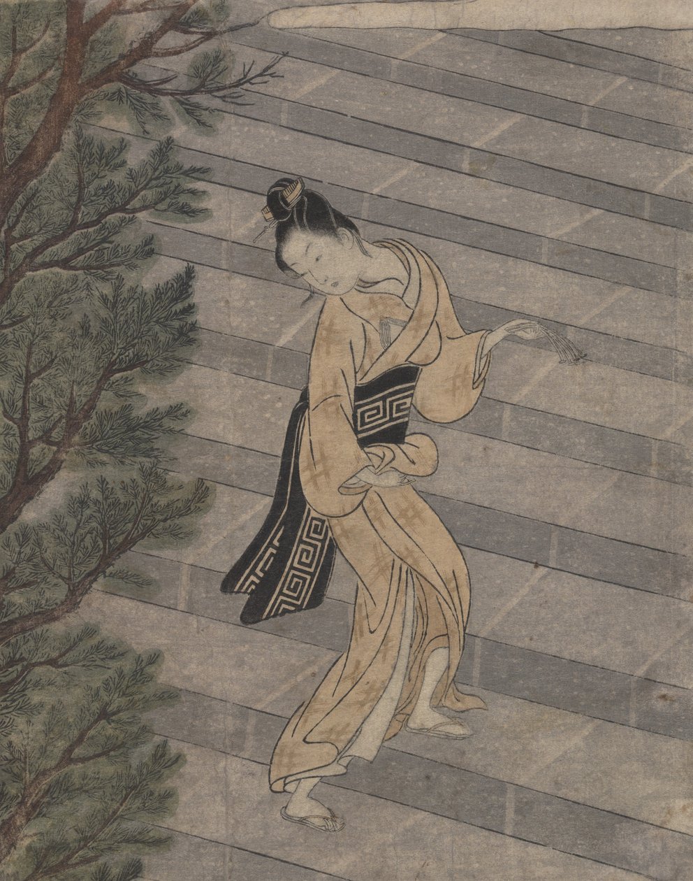 Ung kvinde klatrer på stentrapper til et Shinto-tempel (træbloktryk) af Suzuki Harunobu