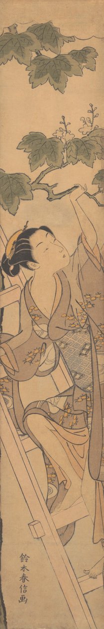 Ung kvinde klatrer på en stige, ca. 1768., ca. 1768. af Suzuki Harunobu