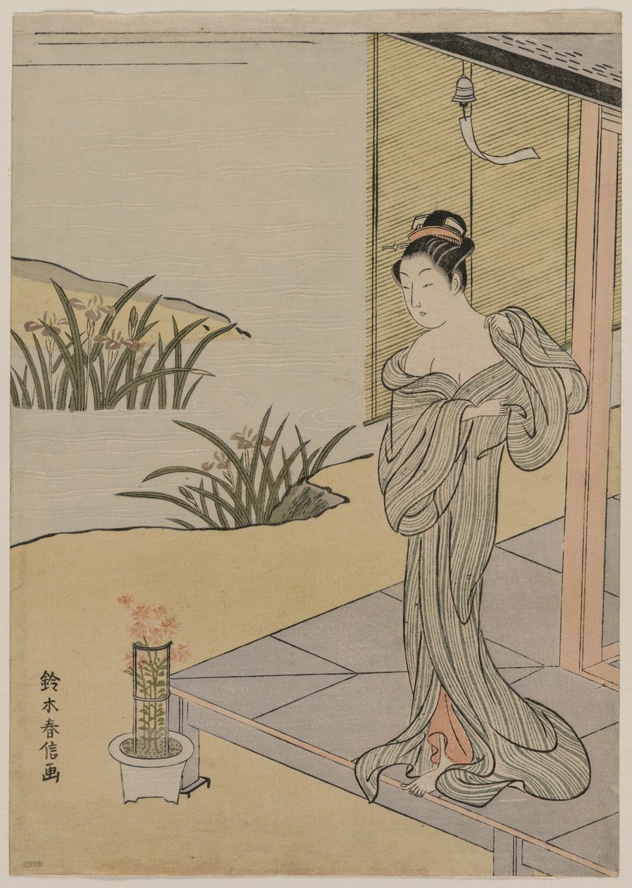 Ung kvinde ser på en gryde med pink, ca. 1767. af Suzuki Harunobu