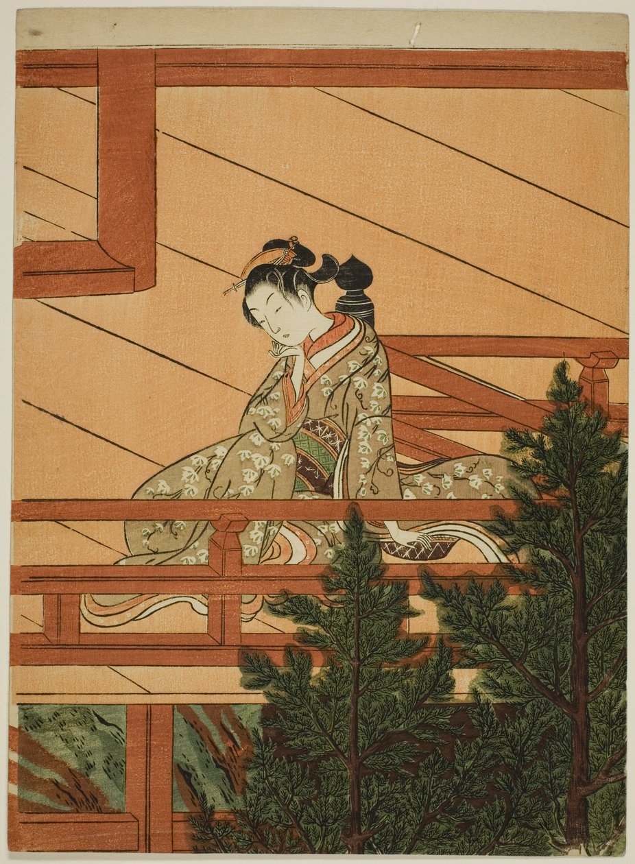 Ung kvinde sidder på balkonen til Kiyomizu-templet af Suzuki Harunobu