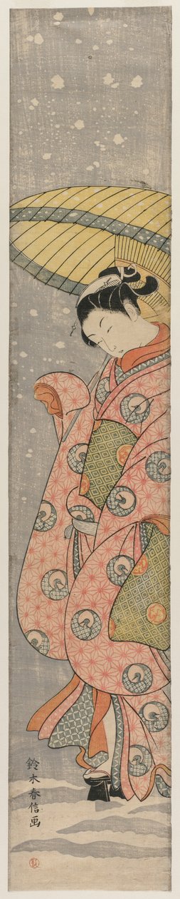 Ung kvinde stående under en paraply i sneen, 1767-1768. af Suzuki Harunobu