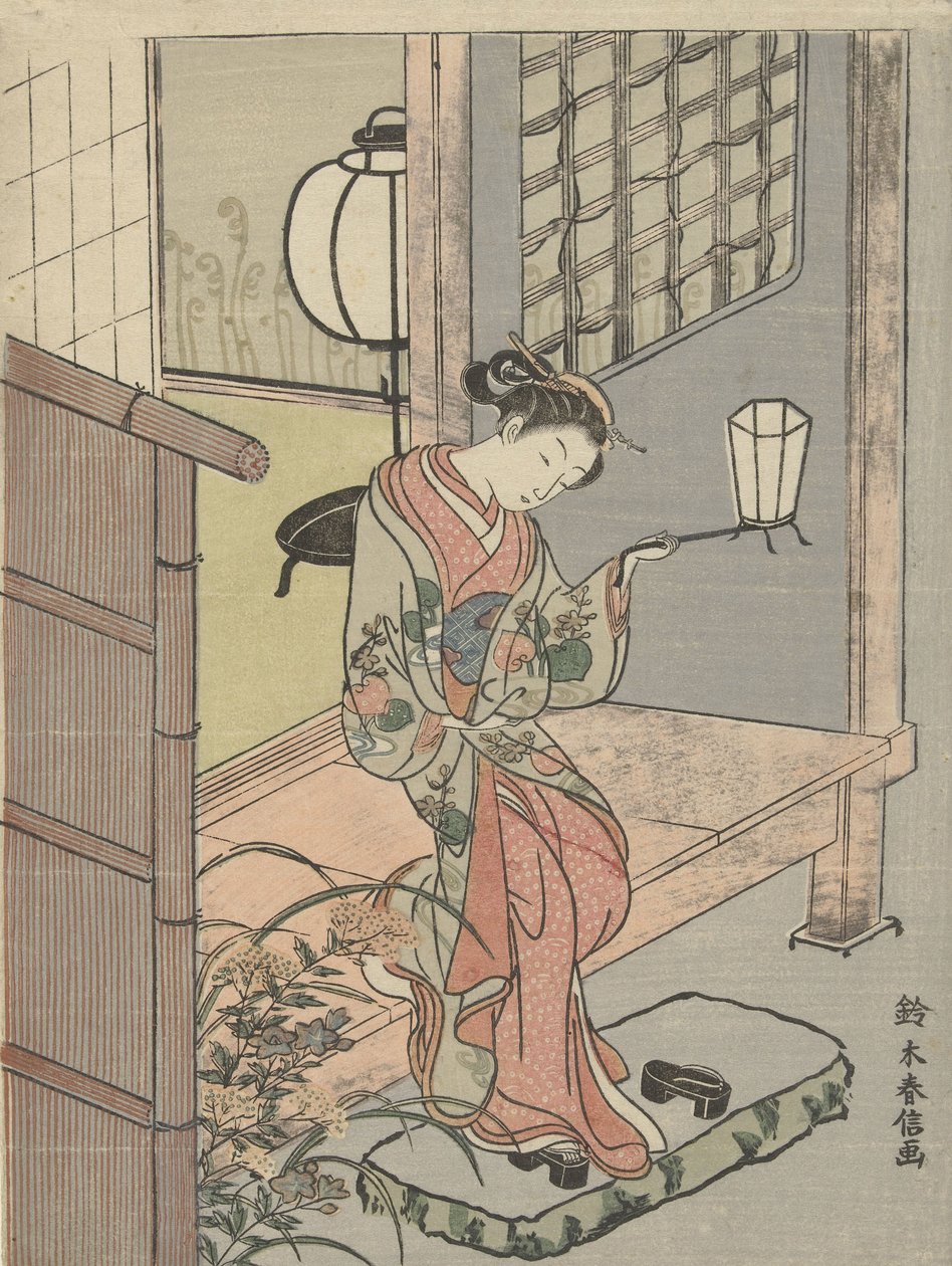 Ung kvinde med en lanterne, 1765-70 (farvetræsnit) af Suzuki Harunobu
