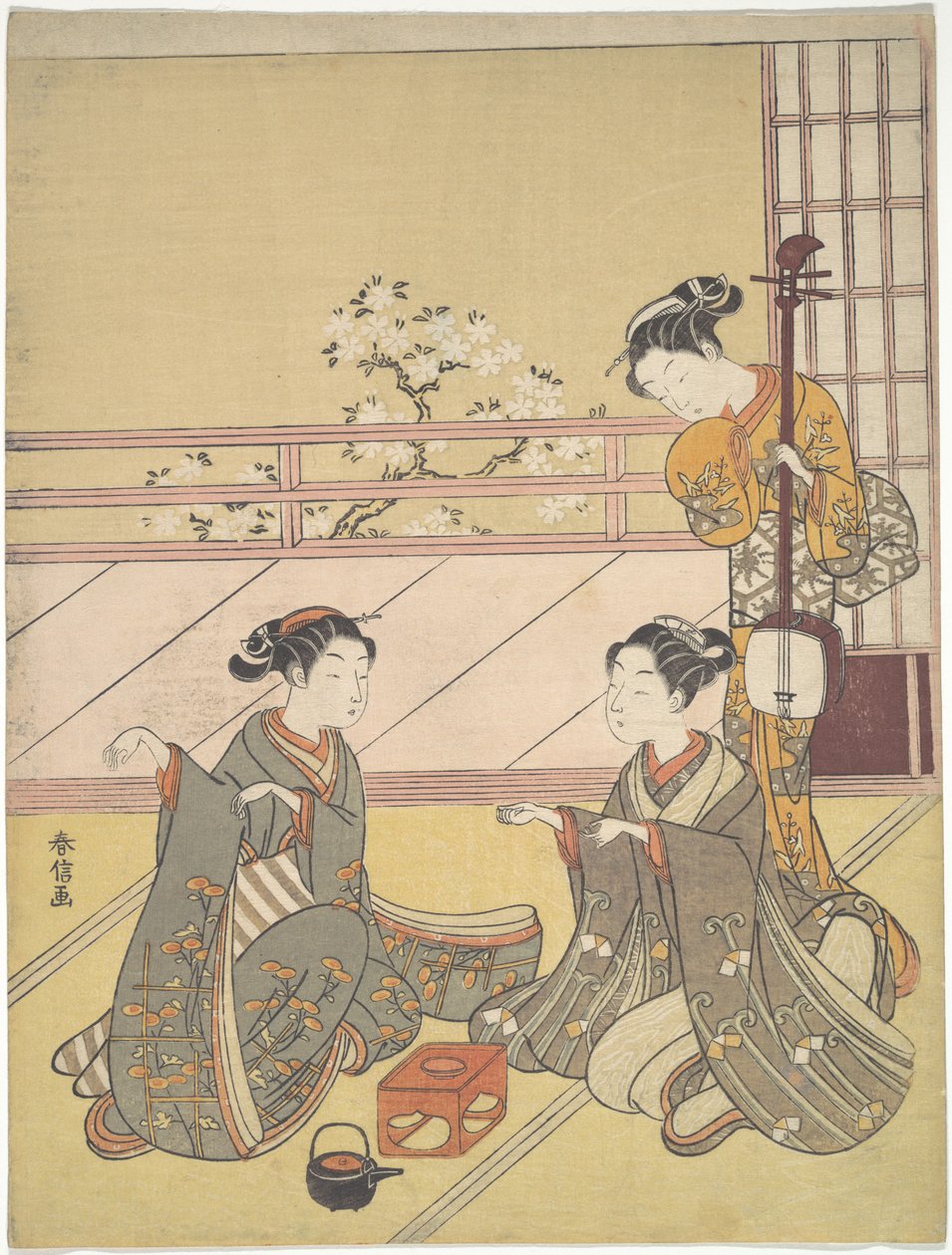 Unge kvinder, der spiller kitsune-ken (rævespil) af Suzuki Harunobu