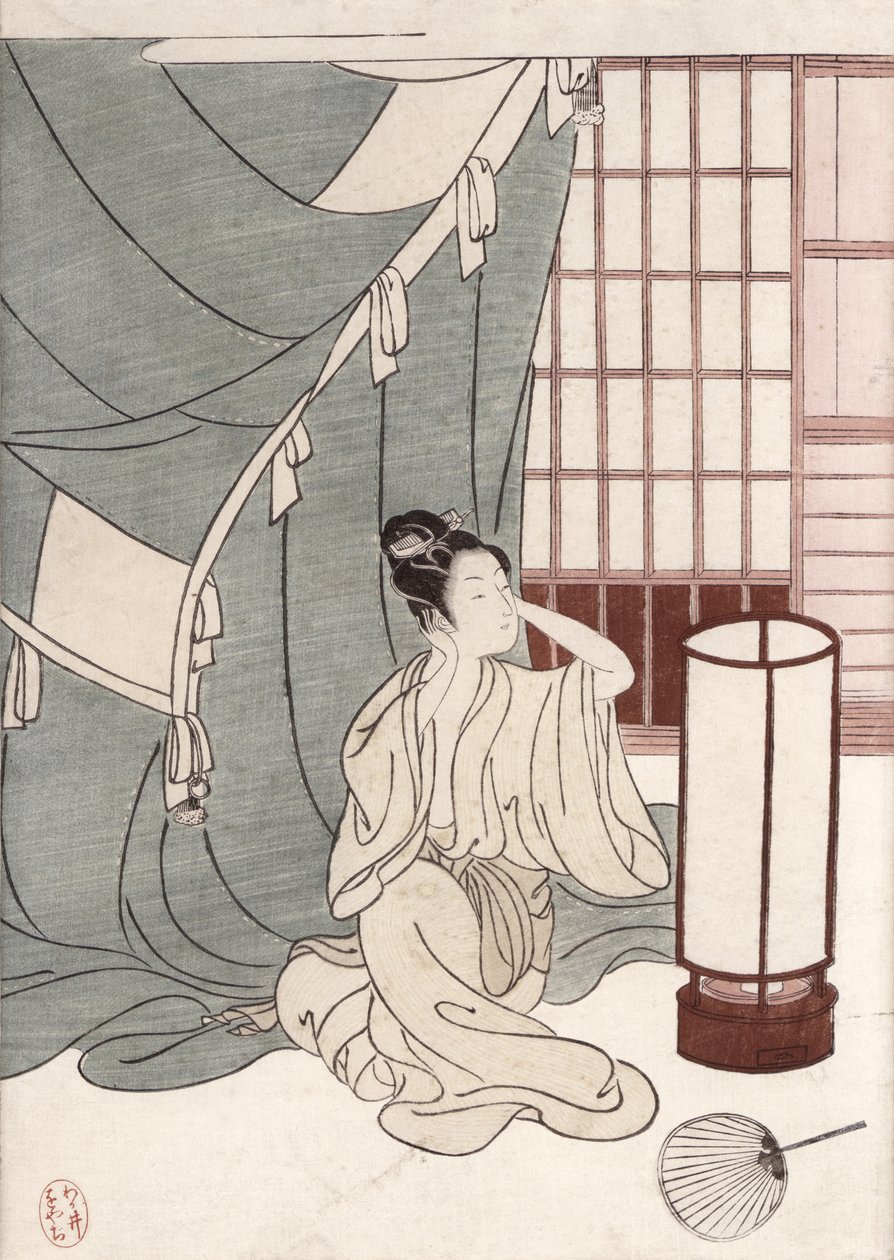 Ung kvinde knæler ved sit myggenet, 1766 (træbloktryk i farver) af Suzuki Harunobu