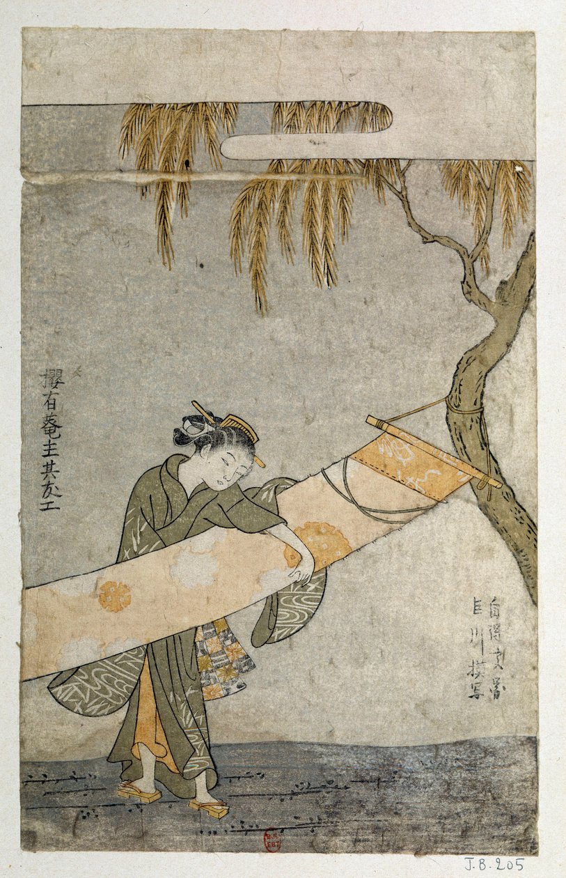 Ung kvinde, der passer en kakemono, sætter sig fast på et træ. Japansk tryk af Harunobu Suzuki (1725-1770) af Suzuki Harunobu