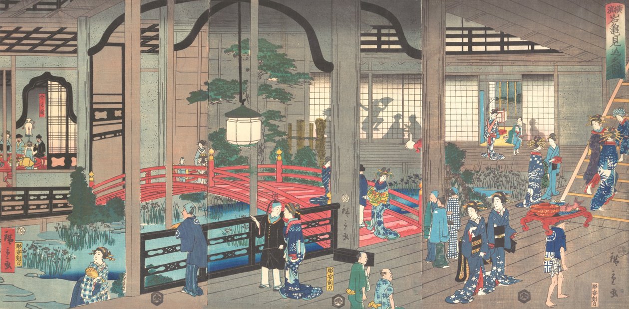 Det indre af Gankiro Tea House i Yokohama, 1861 april. af Suzuki Hiroshige
