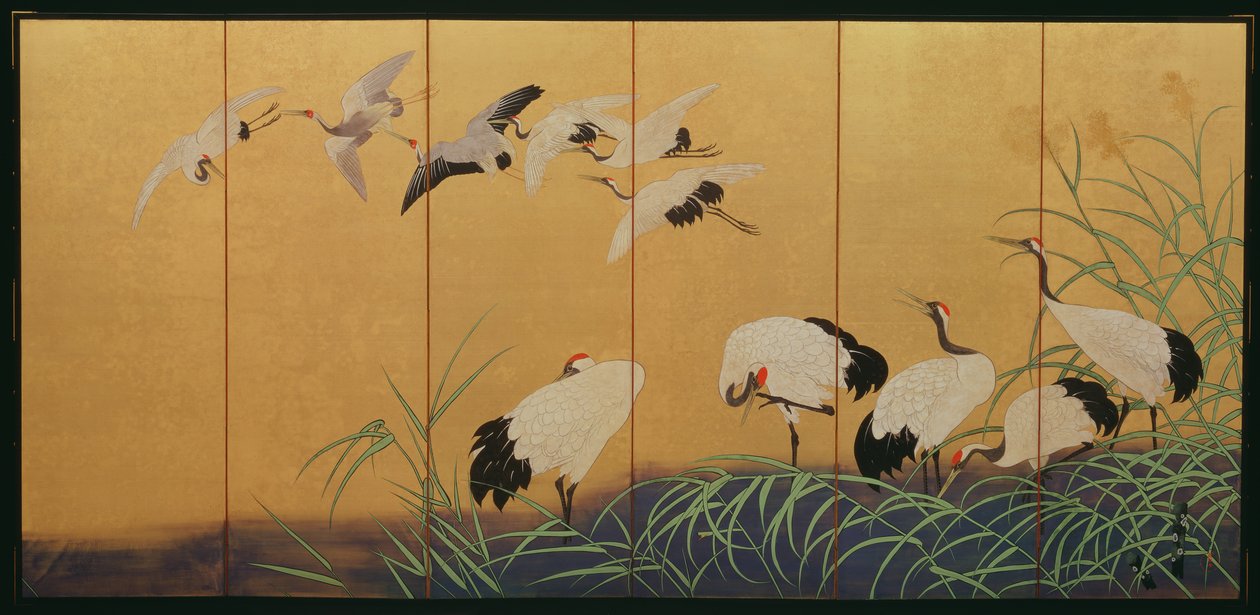 Seksfoldet skærm, der viser rør og traner, Edo-periode, japansk, 1800-tallet (farve på forgyldt silke) af Suzuki Kiitsu
