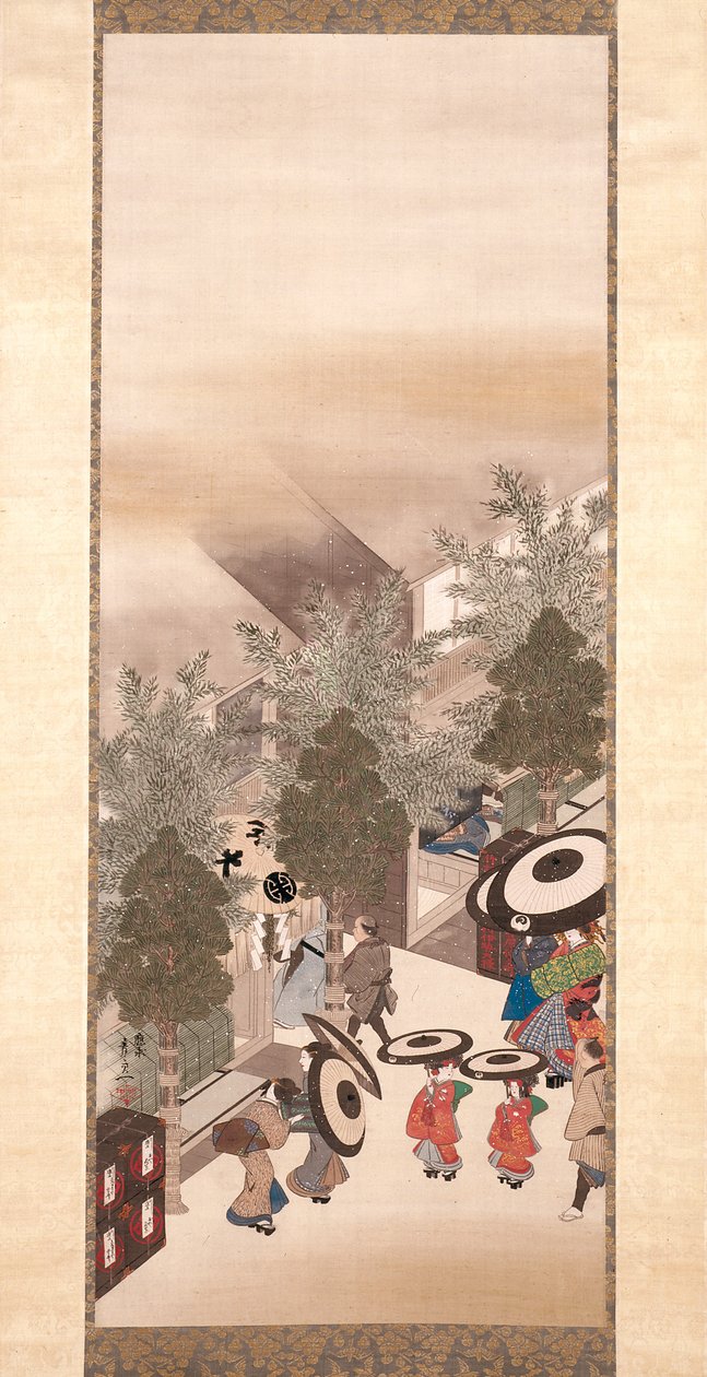 Yoshiwara And Shinagawa (blæk, farve og guld på silke) af Suzuki Kiitsu